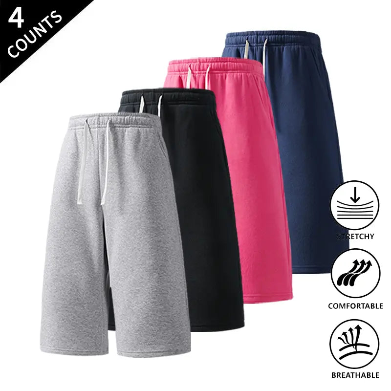 Men's Plain Fabric Casual Lounge Capri Pants (4-Pack) - Elastic Waist, Soft, Expandable, Above the Knee Everyday Cropped Bottoms in Coffee+Black+Light Gray+Rose Red, Light Gray+Black+Rose Red+Dark Gray, Rose Red+Navy Blue+Black+Light Gray