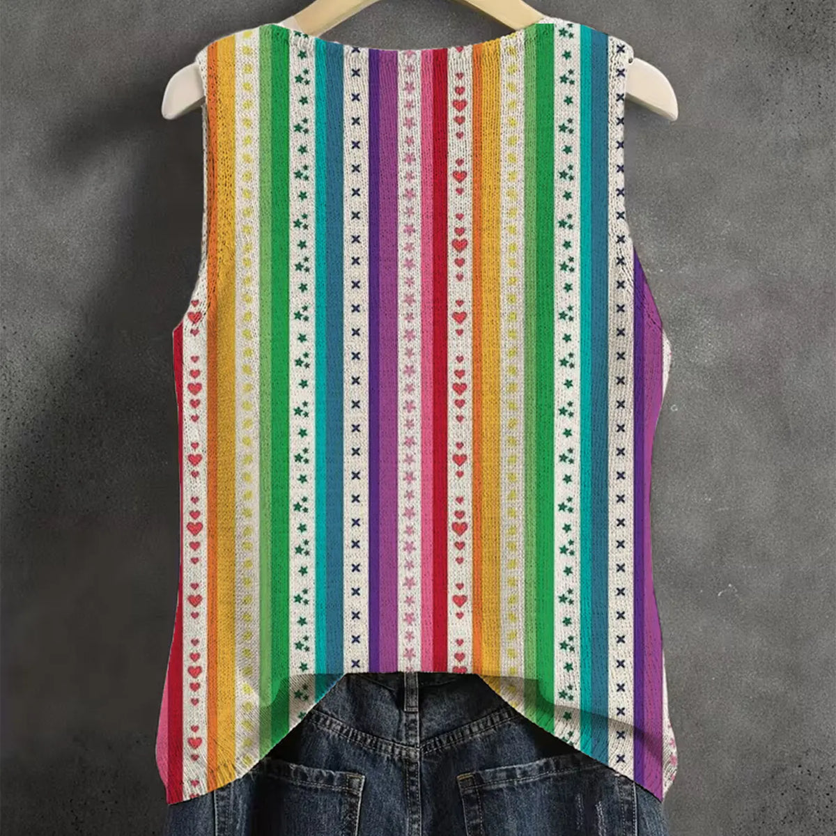 Women's Spring Summer Elegant Artistic Striped Star Heart Print Round Neck Sweater Vest, Casual Sleeveless Knit Top, Breathable Fashion