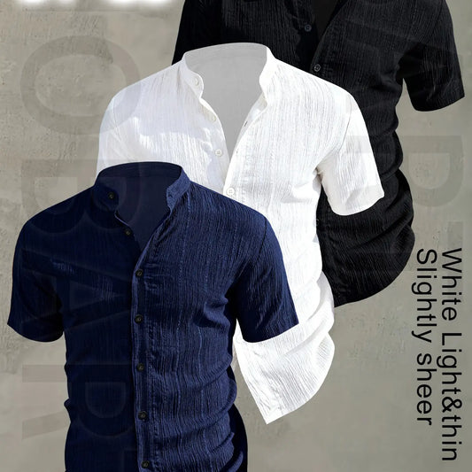 3pcs Set Men's Summer Short Sleeve - Lightweight Breathable Plain Color Button-Up Casual Shirt with Stand Collar, Low-cut collar designr Beach Vacation, Pool Party & Casual Attire, Beach Shirt, Collared Fitted Shirt, gift for husband