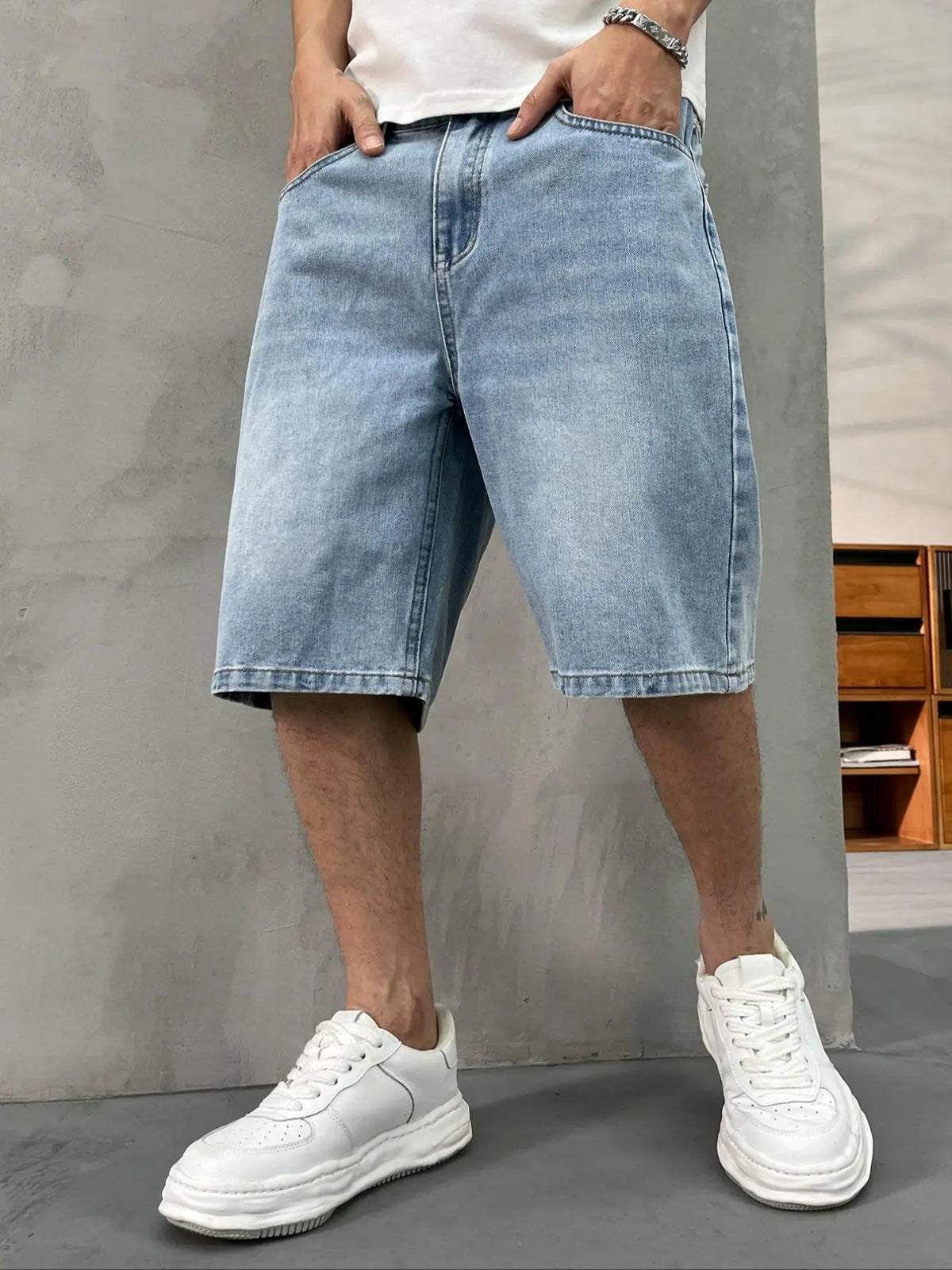 Men's washed retro color denim shorts, Denim Look, trendy, versatile, loose straight-leg casual streetwear denim five-point pants