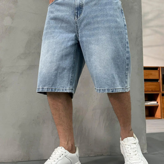 Men's washed retro color denim shorts, Denim Look, trendy, versatile, loose straight-leg casual streetwear denim five-point pants