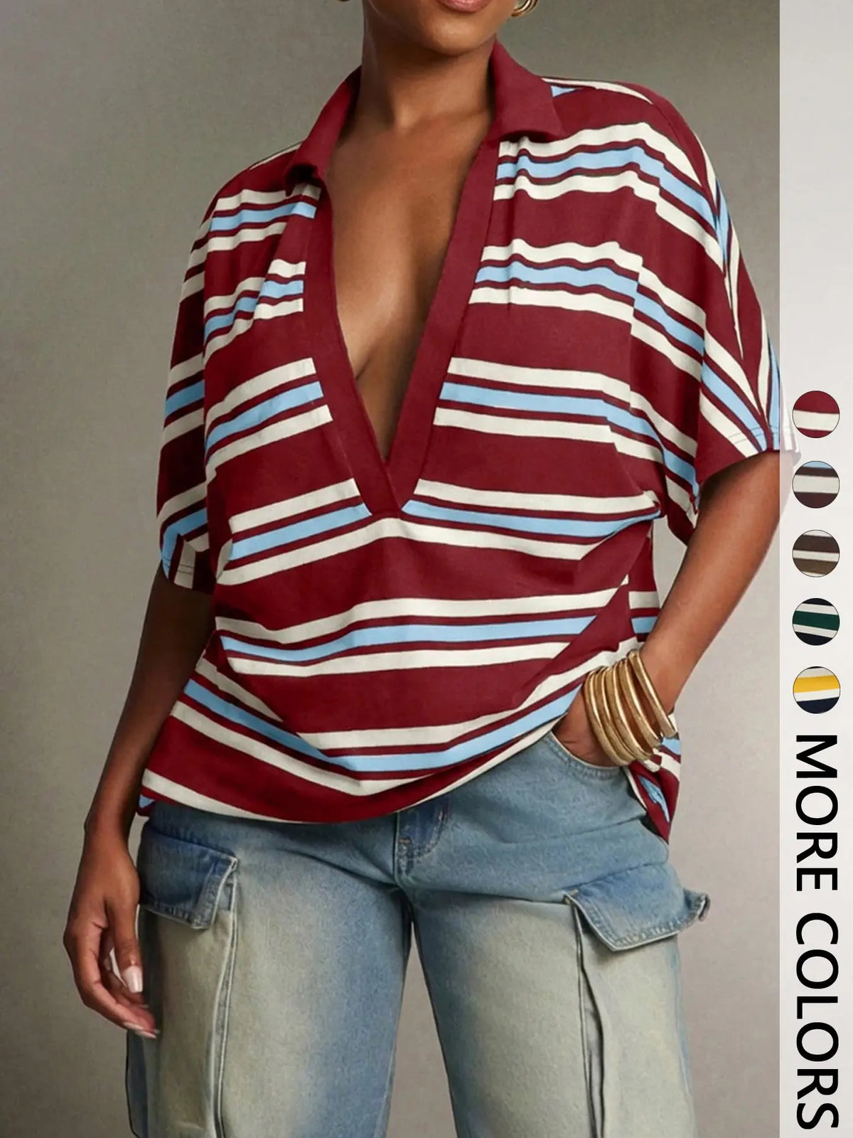 Deep V Collar Striped Polo Shirt, Loose-Fit Short Sleeve Casual Top, European and American Style T-Shirt, Comfortable and Stylish, V Neck Polo