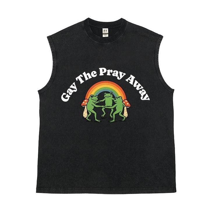 Vintage Washed Sleeveless Tank Top - 100% Cotton Casual Streetwear, Relaxed Loose Fit, Distressed Retro Muscle Tee with Rainbow Dancing Frog Mushroom Cartoon Print for LGBTQ Pride, Summer