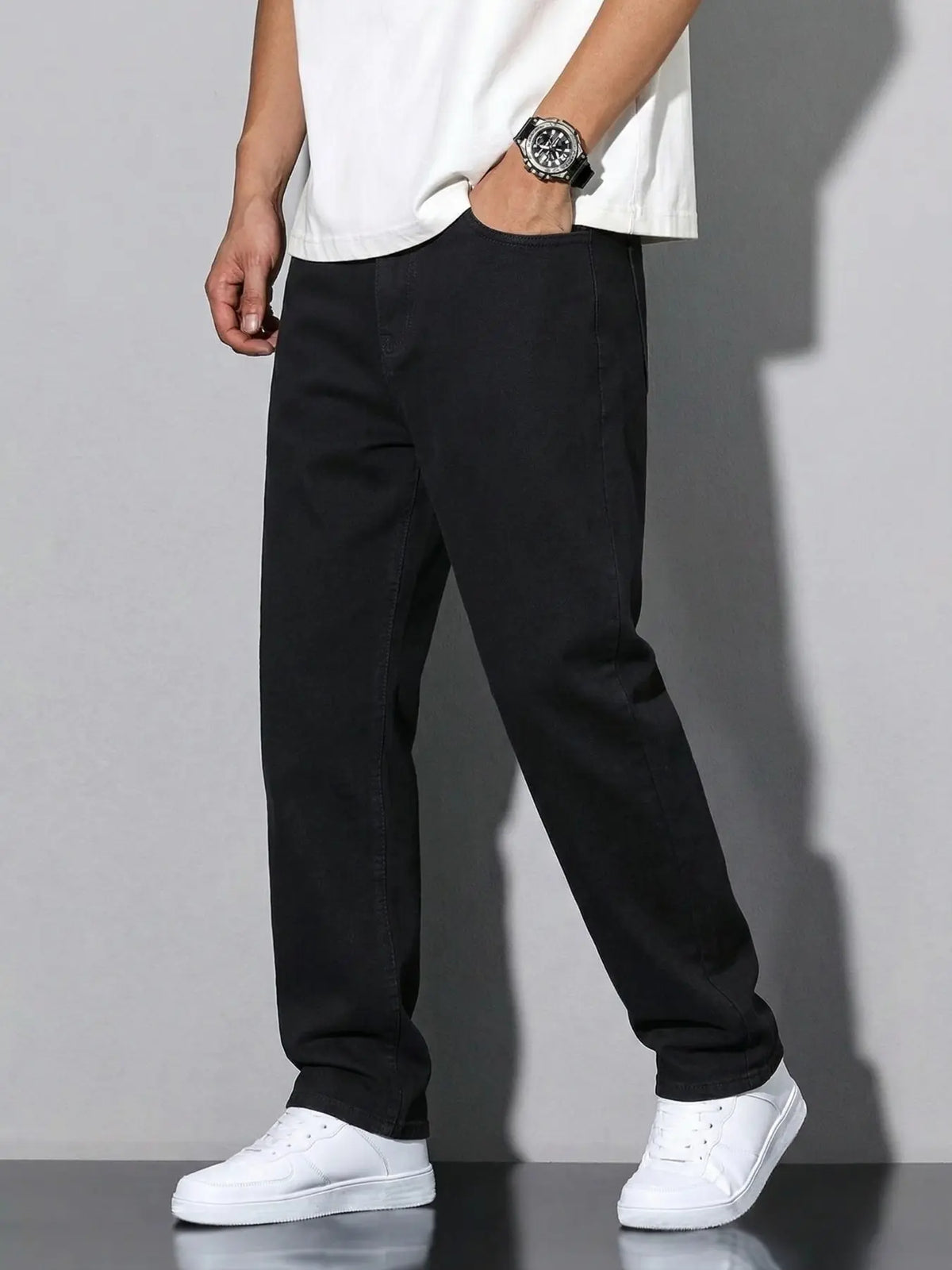 Unisex Solid Color Plain Minimalist Straight-Leg Jeans with Slant Pockets, Cotton Jeans, Casual Versatile Washed Denim Pants, Couple Straight Fit Trousers
