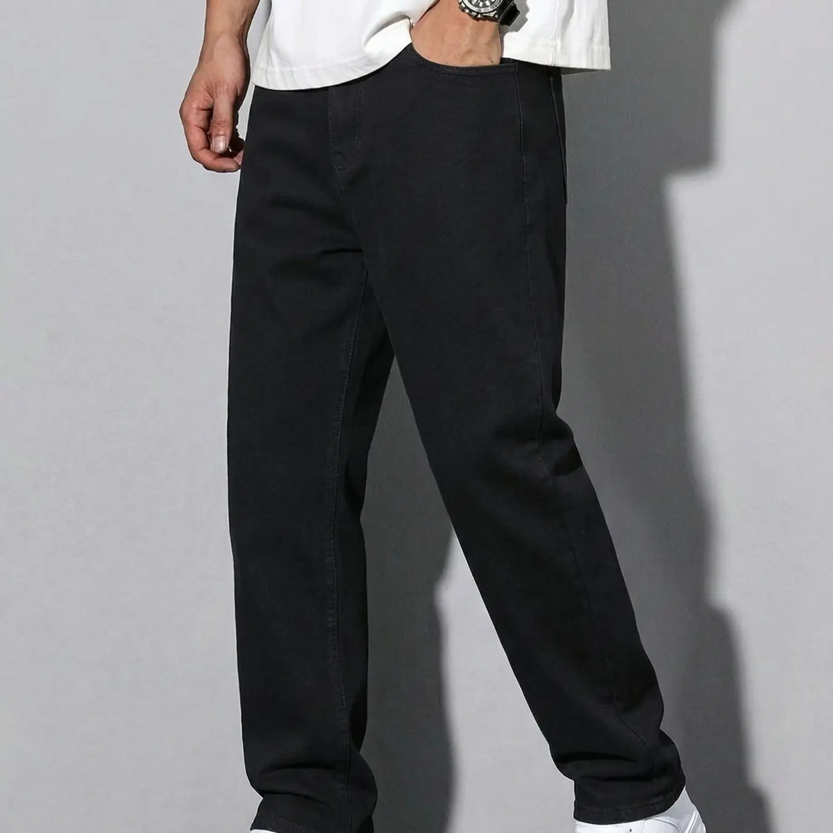 Unisex Solid Color Plain Minimalist Straight-Leg Jeans with Slant Pockets, Cotton Jeans, Casual Versatile Washed Denim Pants, Couple Straight Fit Trousers