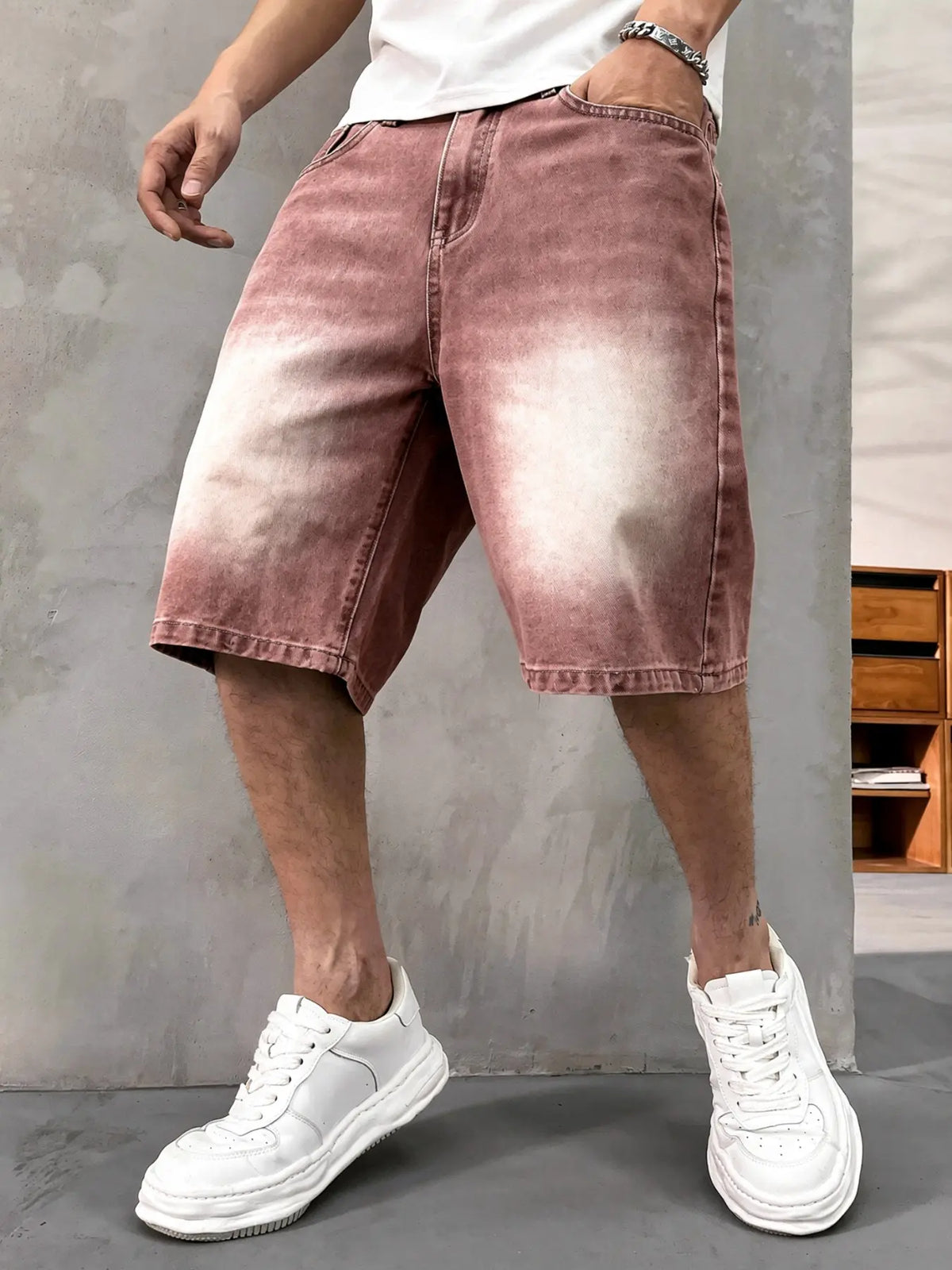 Men's washed retro color denim shorts, Denim Look, trendy, versatile, loose straight-leg casual streetwear denim five-point pants