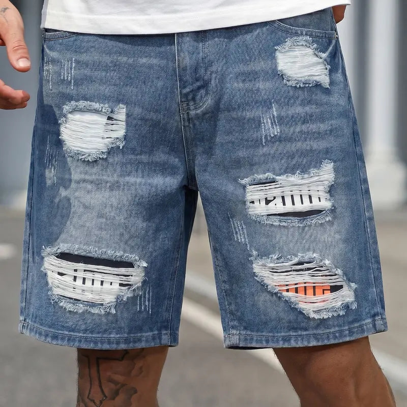 ZANTO Men's Classic Retro Ripped Patch Denim Shorts - Stylish Streetwear, Soft Breathable Fabric, Zipper, Graphic Accents, Pockets, Vintage Distressed Aesthetics, Sneakers-Compatible Casual Menswear Bottoms