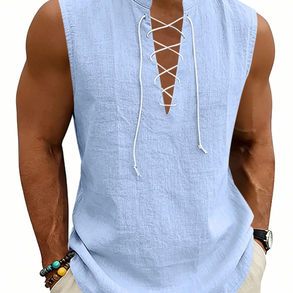 American Summer Loose Casual Men's Viking Medieval Drawstring Linen Breathable Sleeveless Design Tank Top, Comfortable and Stylish Unisex Clothing