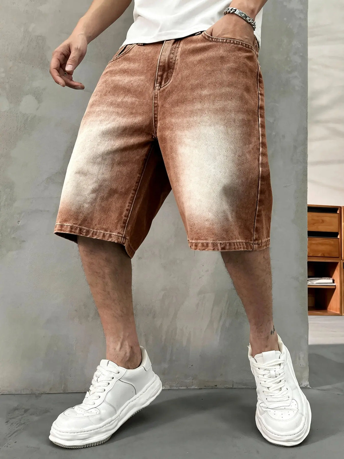 Men's washed retro color denim shorts, Denim Look, trendy, versatile, loose straight-leg casual streetwear denim five-point pants