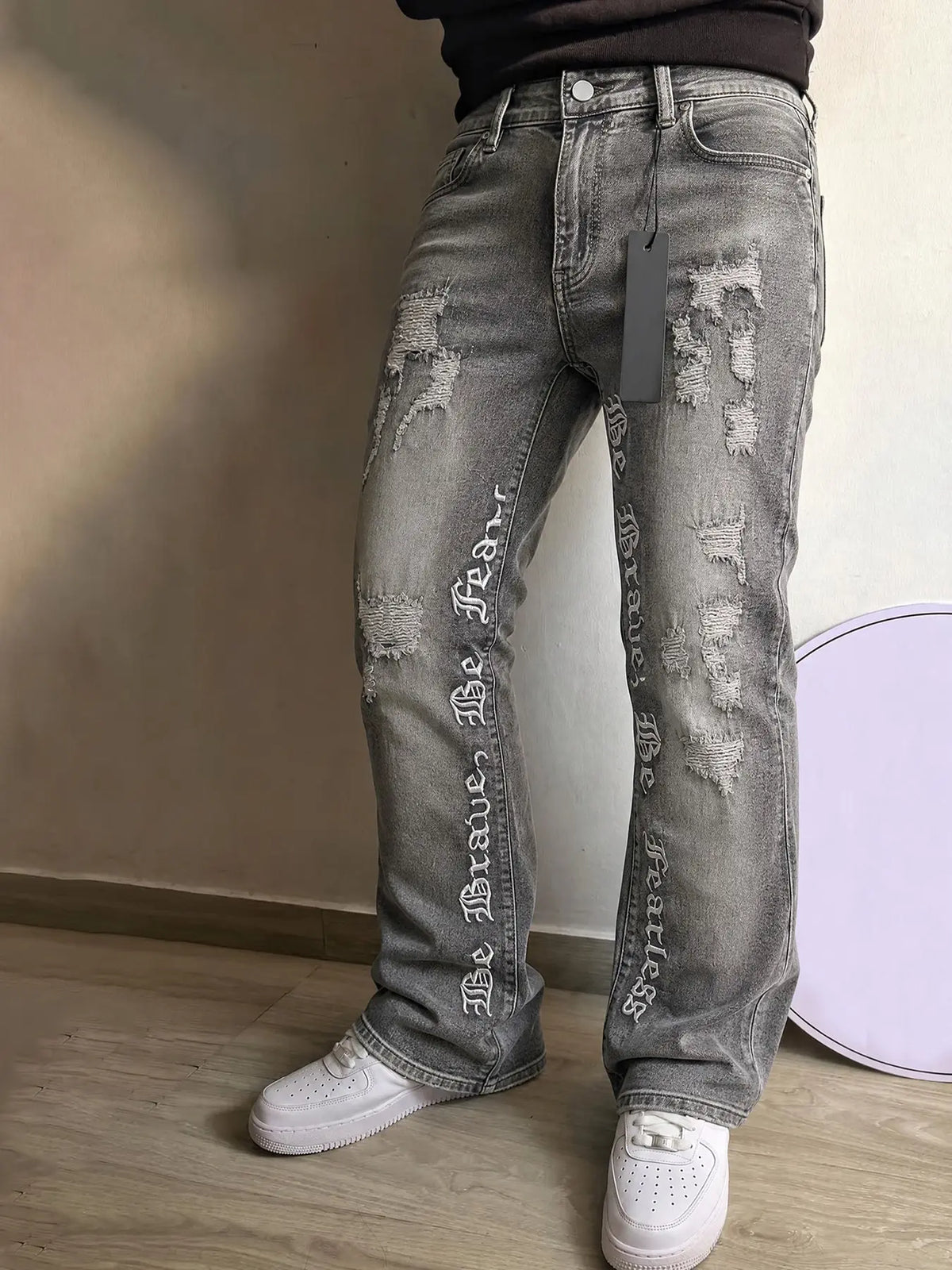 Men's Embroidered Jeans, Micro Flare Denim Jeans, Letter Stitching, Tight Fit, Ripped Bell Bottoms, Washed Y2K Streetwear Style, All Seasons, Pants