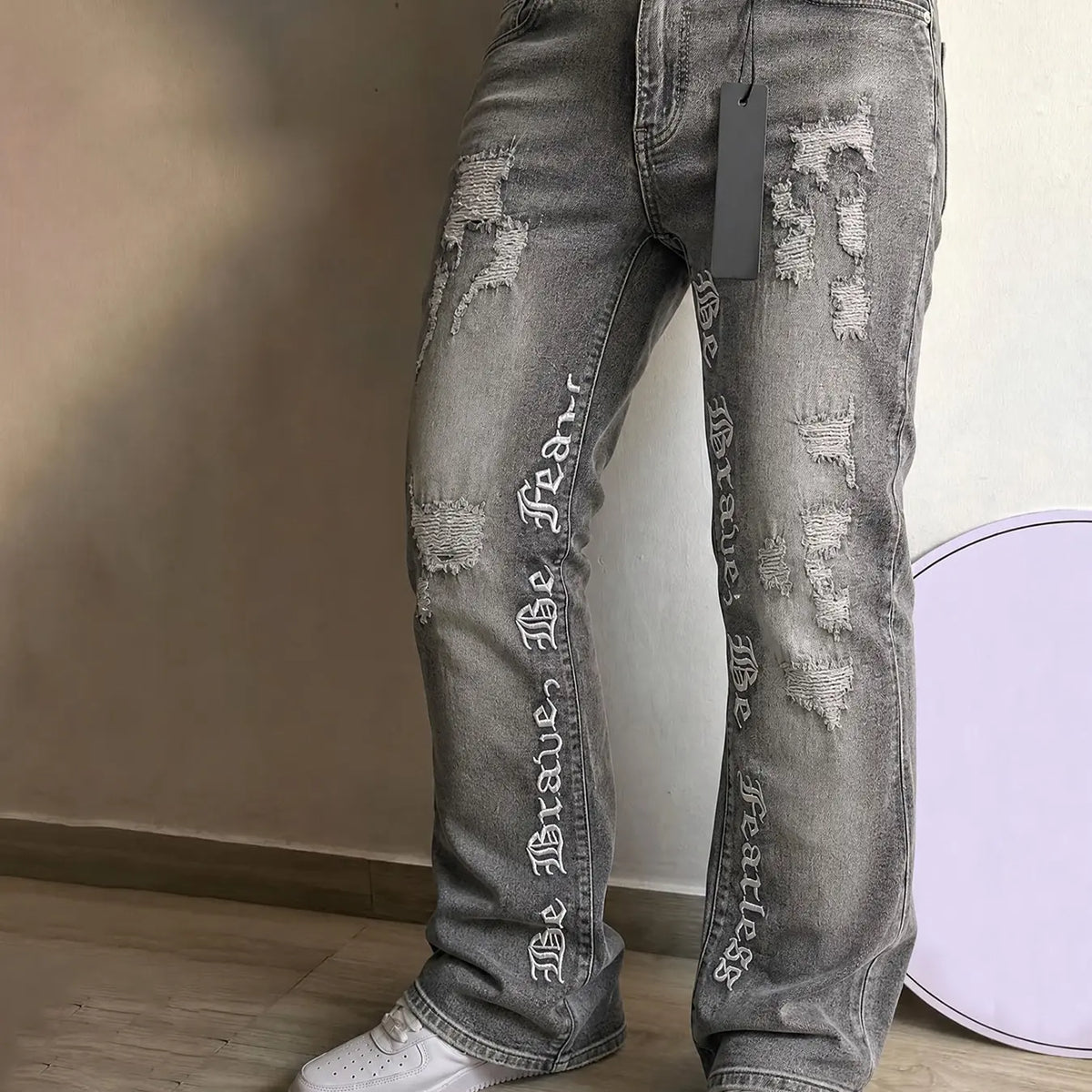 Men's Embroidered Jeans, Micro Flare Denim Jeans, Letter Stitching, Tight Fit, Ripped Bell Bottoms, Washed Y2K Streetwear Style, All Seasons, Pants
