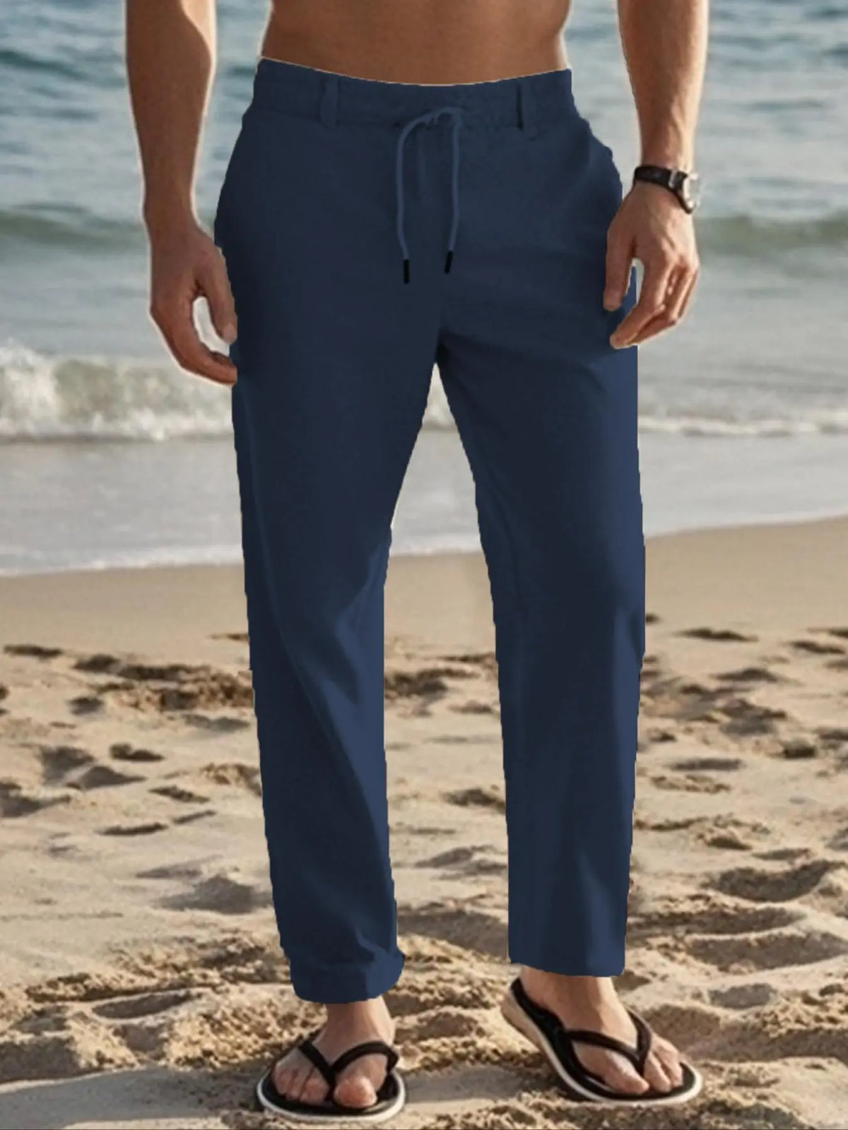 Men's Linen Pants, Fashion Trousers, Pocket Drawstring Solid Color Plain Hip Hop Beach Sports Wide Leg Long Pants, Comfortable Versatile All-Season Wear