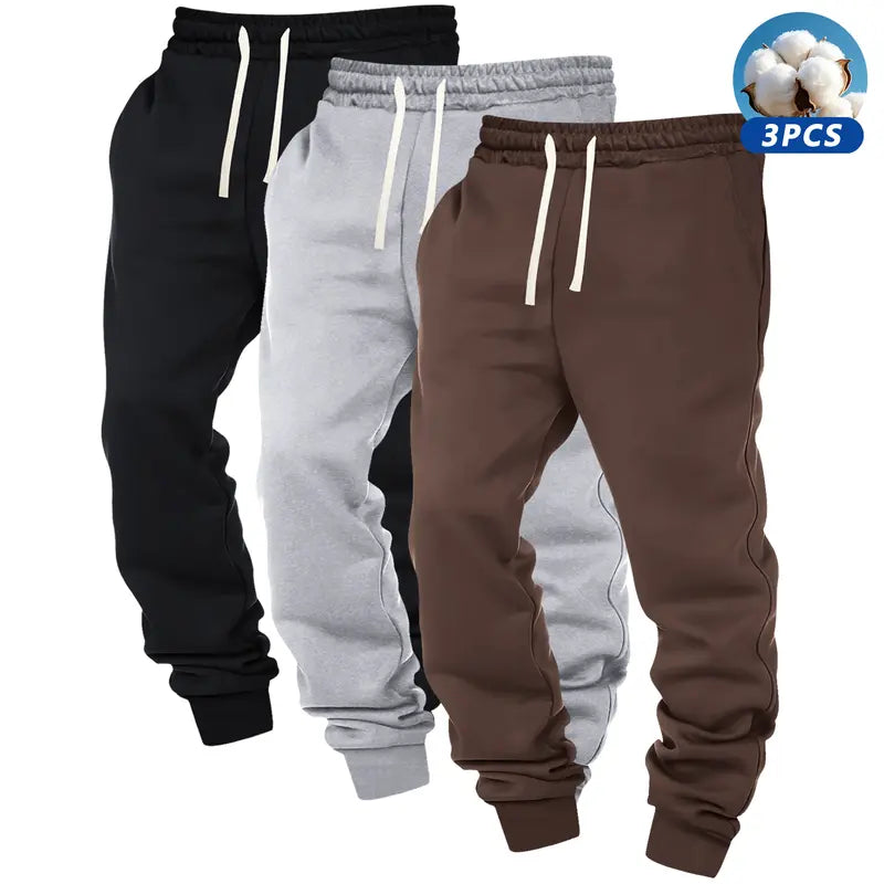 3pcs Men's Solid Cuffed Sweatpants - Elastic Waist Drawstring, Outdoor Fitness Running Daily Wear Pants