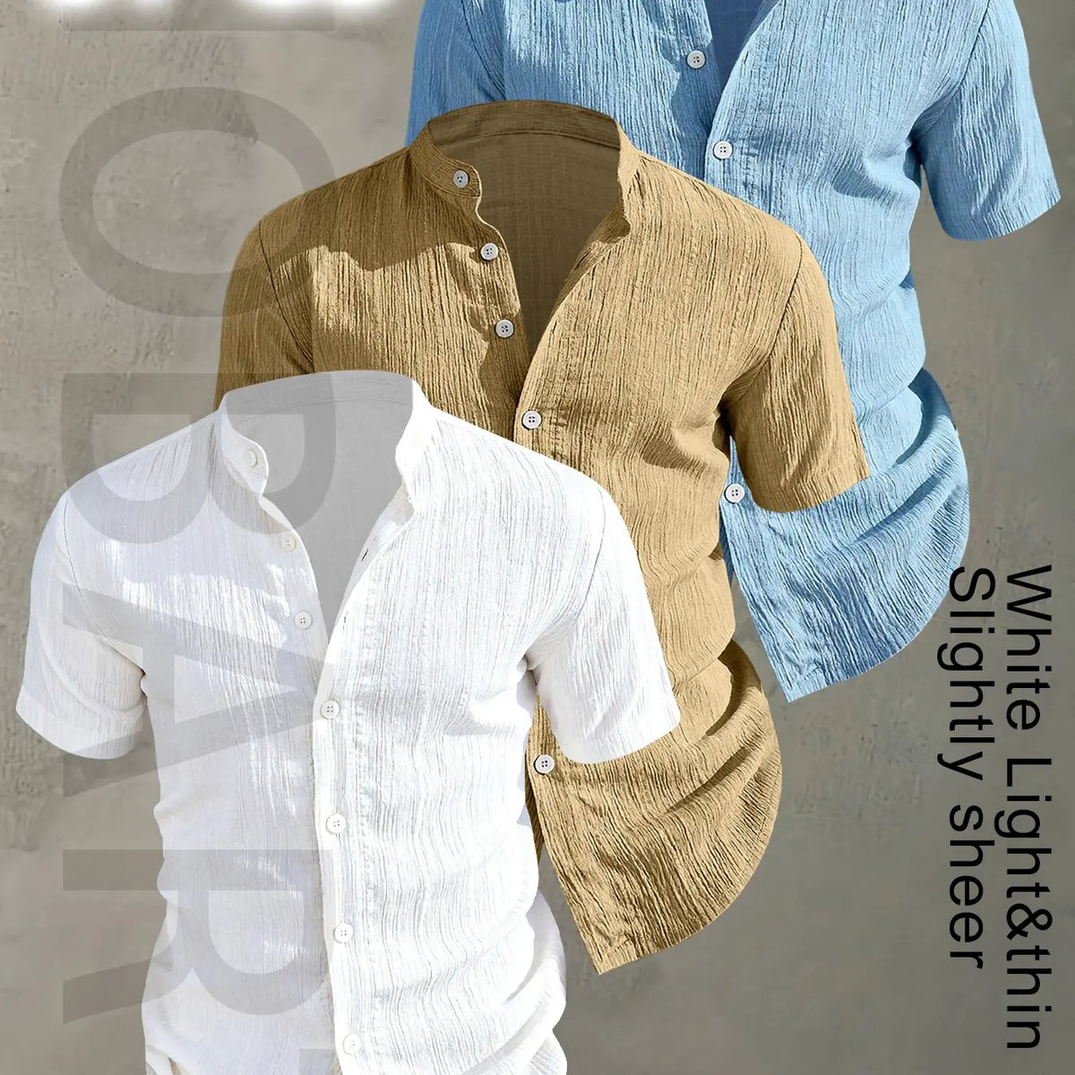 3pcs Set Men's Summer Short Sleeve - Lightweight Breathable Plain Color Button-Up Casual Shirt with Stand Collar, Low-cut collar designr Beach Vacation, Pool Party & Casual Attire, Beach Shirt, Collared Fitted Shirt, gift for husband