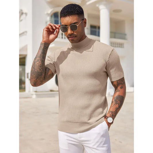 COOFANDY Men's Mock Turtleneck Sweater Short Sleeve Casual Basic Tops Ribbed Knit Pullover Solid Tee