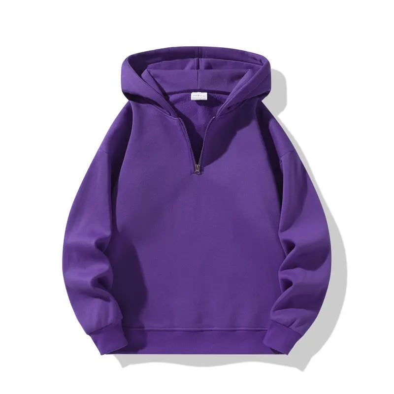 Men’s essential half-zip long-sleeve hoodie — solid color, comfortable, relaxed drop-shoulder fit, loose silhouette, casual street style, 100% polyester fiber, suitable for autumn, modern fashionable men’s top, solid-color men’s sweatshirt