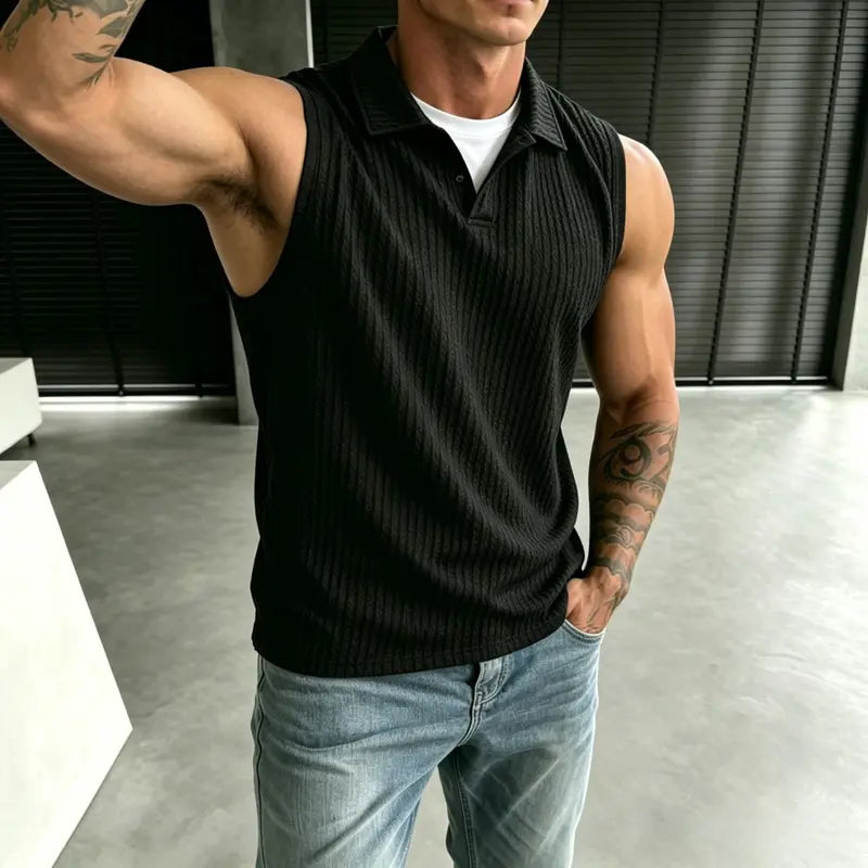 Summer solid-color sleeveless polo shirt for men, simple turn-down collar design, casual style, plus size, everyday top