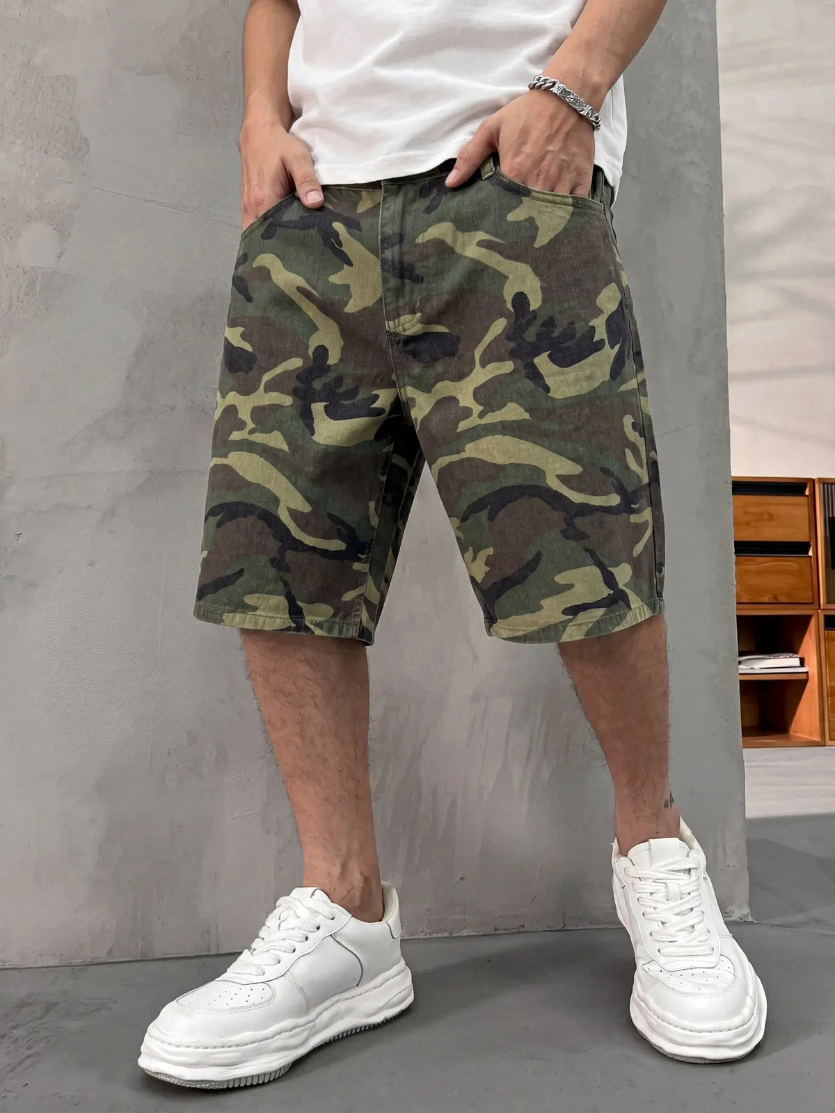 Men's washed retro color denim shorts, Denim Look, trendy, versatile, loose straight-leg casual streetwear denim five-point pants
