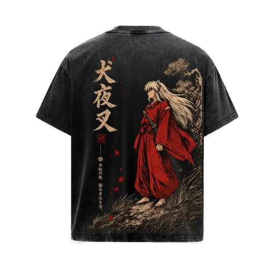 100% Cotton T-shirt.Inuyasha Vintage Clothes Washed Anime Graphic Tee Manga Shirt Japan Anime T-Shirt Oversized Heavy Cotton Streetwear Top Apparel Classic Anime Fan Gift for Men & Woman,Inuyasha Half Demon Japanese Calligraphy Otaku Anime Merch Black Cre