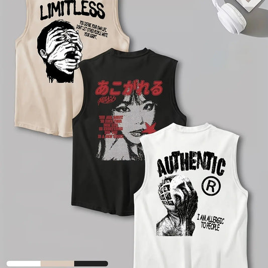 Unisex Three-Color Dark Punk Sleeveless Loose Vest, Asymmetrical Horror Graphic Print, Loose Fit, Casual Streetwear Style, Perfect for Skateboarding and Underground Fashion