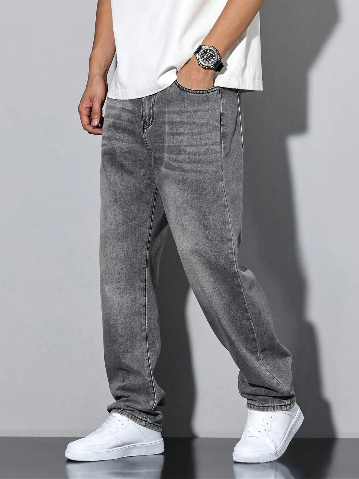 Unisex Solid Color Plain Minimalist Straight-Leg Jeans with Slant Pockets, Cotton Jeans, Casual Versatile Washed Denim Pants, Couple Straight Fit Trousers