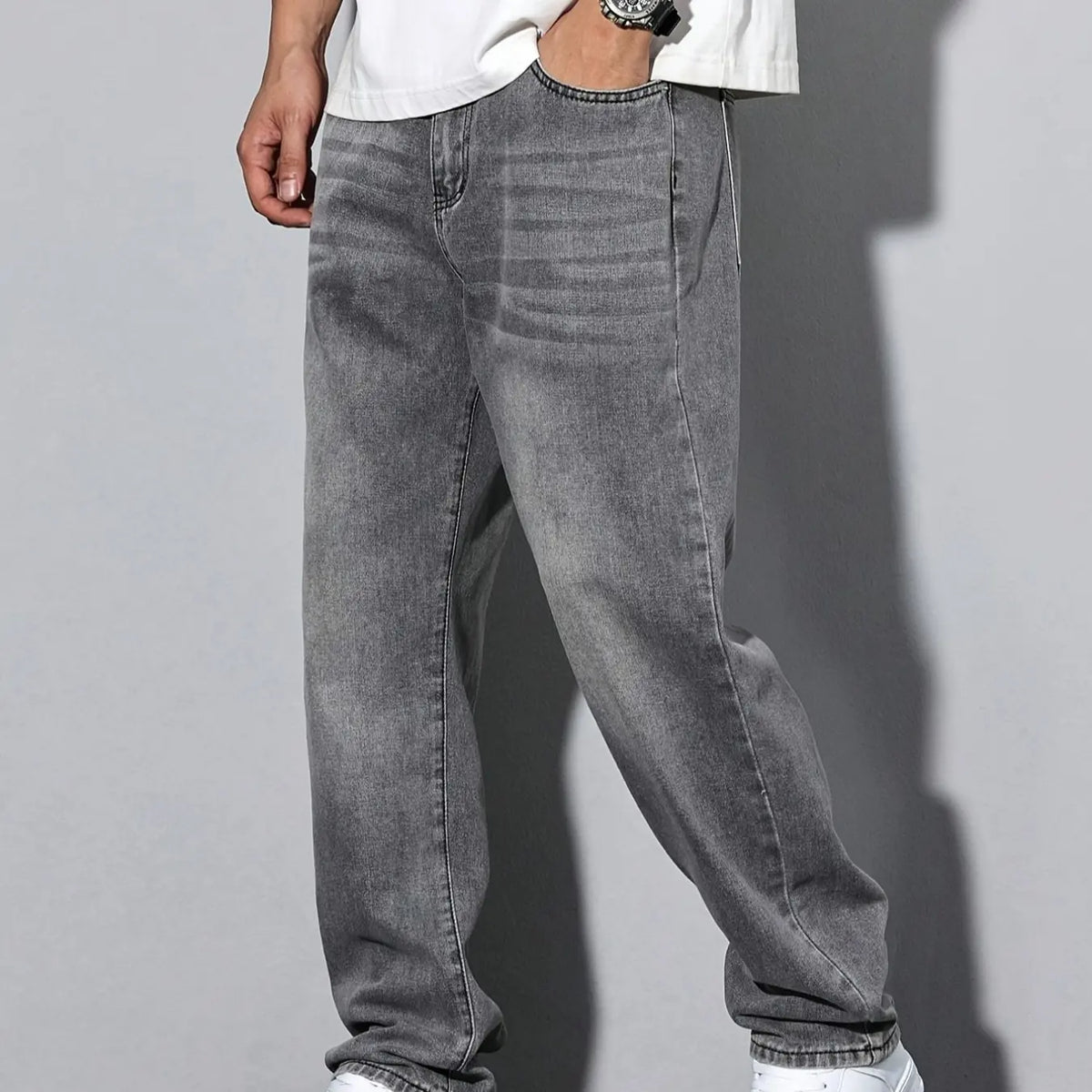 Unisex Solid Color Plain Minimalist Straight-Leg Jeans with Slant Pockets, Cotton Jeans, Casual Versatile Washed Denim Pants, Couple Straight Fit Trousers