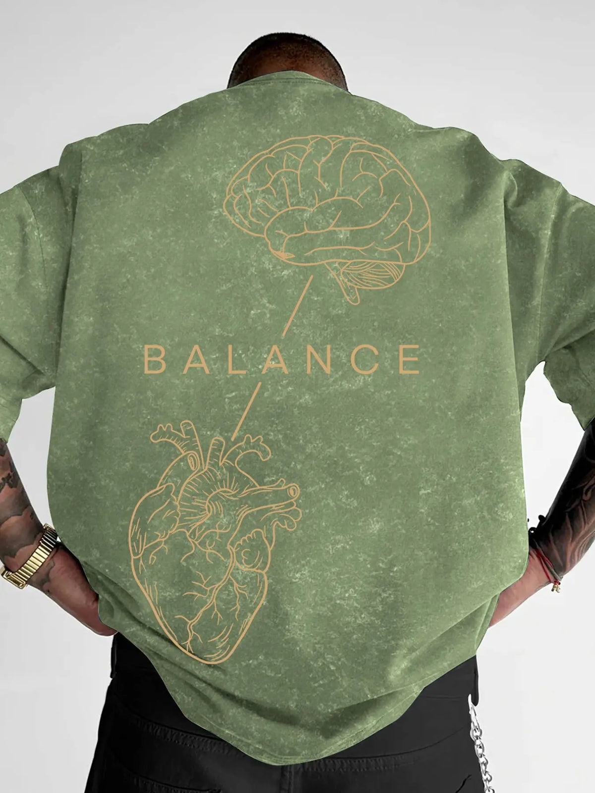 Men's "BALANCE" Brain & Heart Print Washed T-Shirt, Casual Streetwear Short Sleeve Tee, Minimalist Graphic Top, Menswear Graphic T Shirts #BalanceTee #BrainHeartPrint #WashedStreetwear #MinimalistTShirt #TikTokMadeMeBuyIt