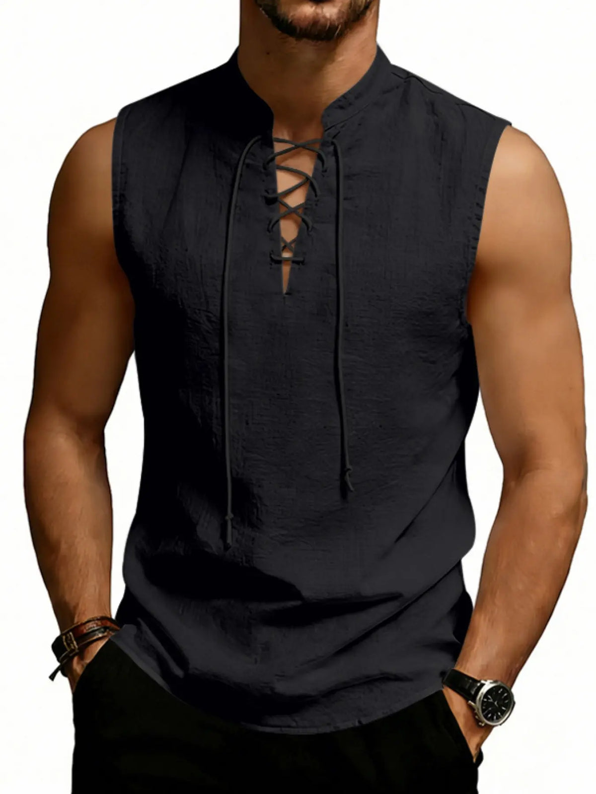 2026 American Summer Loose Men's Viking Medieval Drawstring Linen Breathable Sleeveless Tank Top Vest, Comfortable and Stylish Unisex Design, Loose Fitting Vest