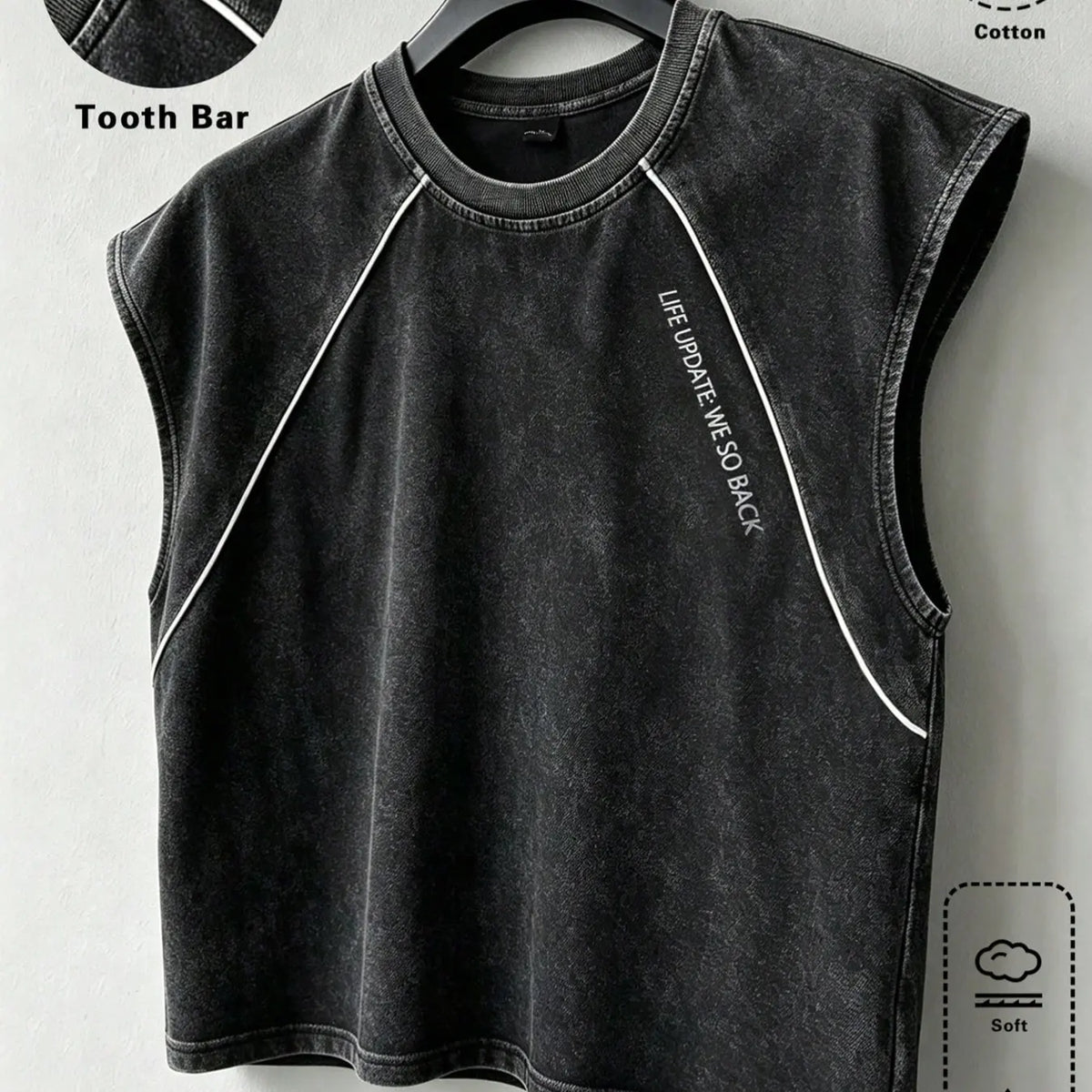 Unisex Raw Wash Cotton Sleeveless Top, H-Type Loose Fit, Short Casual Wear, Y2K Street Style, Graphic Print, No Collar, No Button, No Zipper
