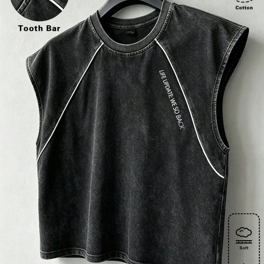 Unisex Raw Wash Cotton Sleeveless Top, H-Type Loose Fit, Short Casual Wear, Y2K Street Style, Graphic Print, No Collar, No Button, No Zipper