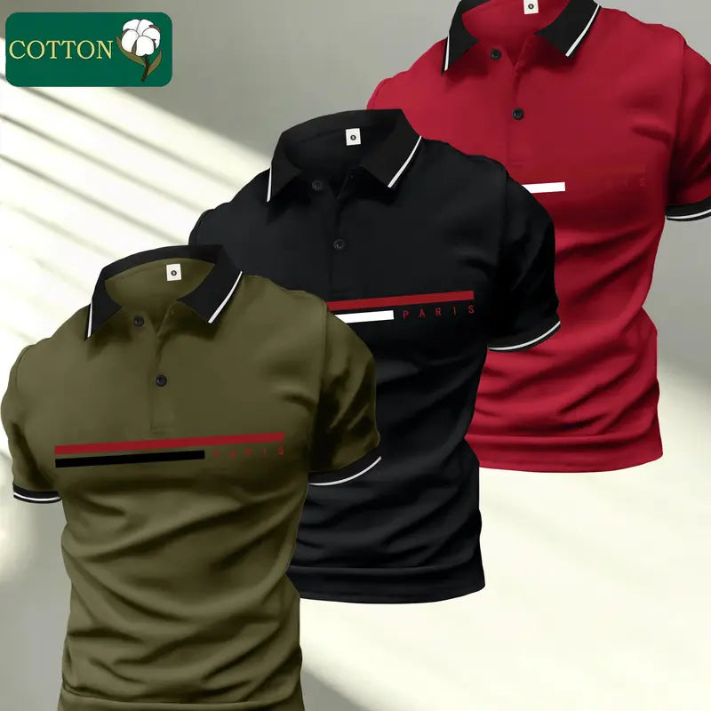 Stylish Men's Polo Shirt Set, Printed Cotton Menswear Top, Short Sleeve with Turn-Down Collar, Skin-Friendly Fabric,back to school,back to school shopping, Casual,clothes for back to school,first day of school outfits