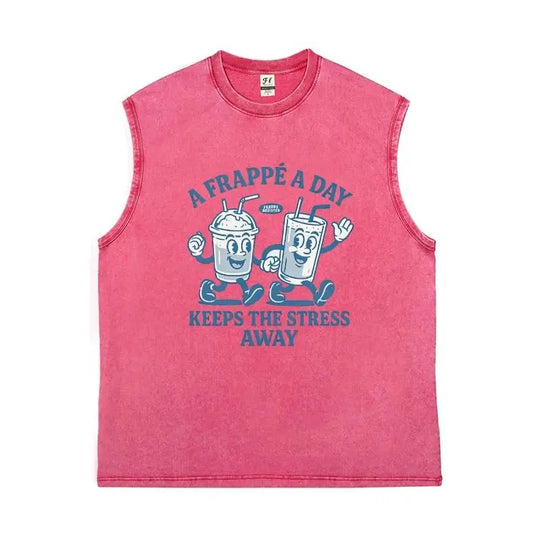 Men's 100% Cotton Breathable Loose Vintage Acid-Washed Relaxed Fit Distressed Sleeveless Cut-Off Crew Neck Muscle Tank Top - Menswear Cargo Fabric Casual Streetwear with "A Frappe A Day Keeps Stress Away" Retro Print (Multiple Colors)