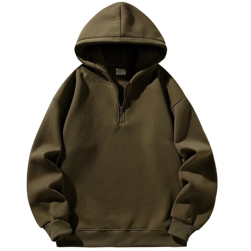 Men’s essential half-zip long-sleeve hoodie — solid color, comfortable, relaxed drop-shoulder fit, loose silhouette, casual street style, 100% polyester fiber, suitable for autumn, modern fashionable men’s top, solid-color men’s sweatshirt