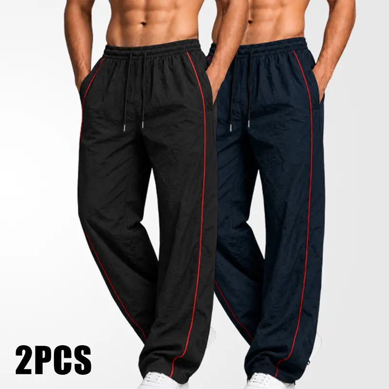 Men's Lightweight Breathable Wide Leg Pants - Reflective Stripe Casual Track Pants with Adjustable Drawstring & Cuffs
