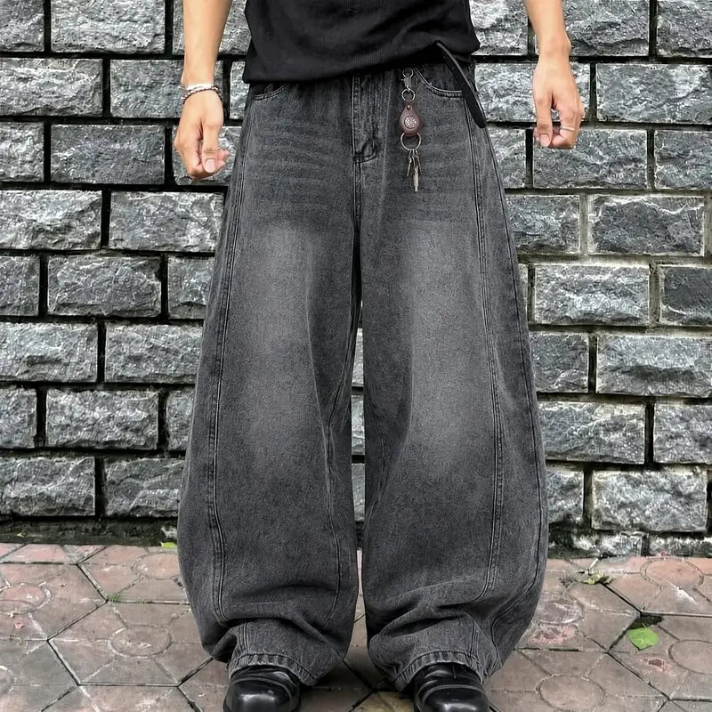 Men's Plain Baggy Denim Jeans - 90s-2000s Retro Vintage Clothing, Washed Charcoal Black Rigid Cotton, Oversized Loose-Fit Streetwear, Male All-Season Breathable, Raw Wash Vertical Paneled Seams, Sandblasted Whisker Fade