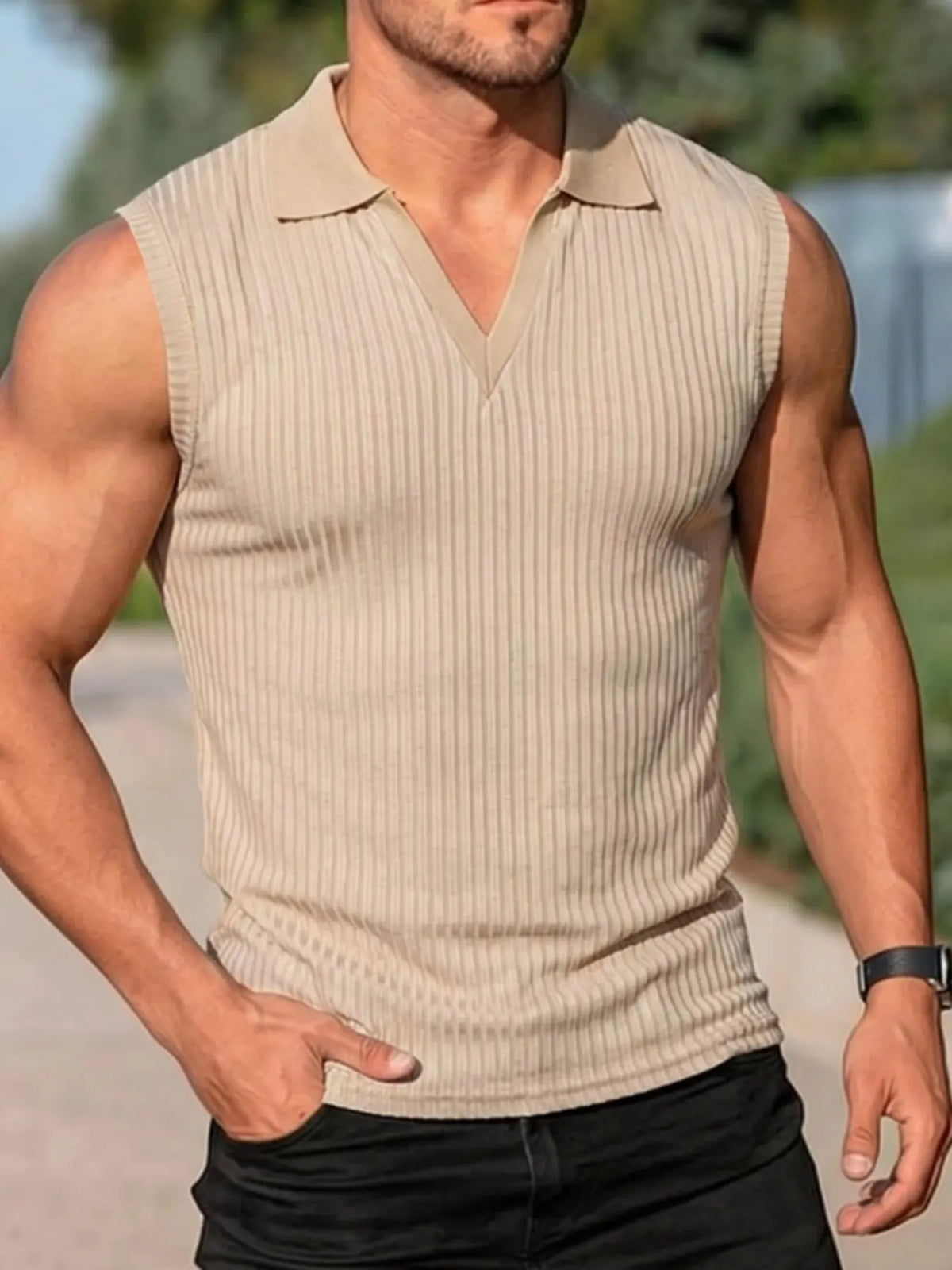 Men's plain rib-knit sleeveless polo shirt with V-neck collar jacket, fitted silhouette, breathable and comfortable, versatile for both street casual and light business casual wear, as well as outdoor sports vest, Menswear, Tops