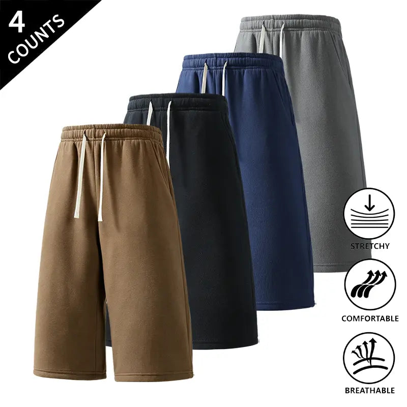 Men's Plain Fabric Casual Lounge Capri Pants (4-Pack) - Elastic Waist, Soft, Expandable, Above the Knee Everyday Cropped Bottoms in Coffee+Black+Light Gray+Rose Red, Light Gray+Black+Rose Red+Dark Gray, Rose Red+Navy Blue+Black+Light Gray