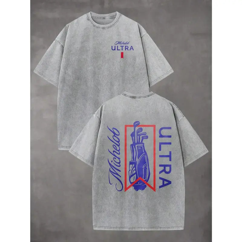 Michelob Ultra Golf Bag Silhouette Wash Cotton Distressed Oversized Graphic Tee Men's Short Sleeve Pure Cotton T-Shirt Loose Fit, Retro Sports Streetwear Casual Golf Beer Aesthetic Baggy 100% Cotton Tee Gift