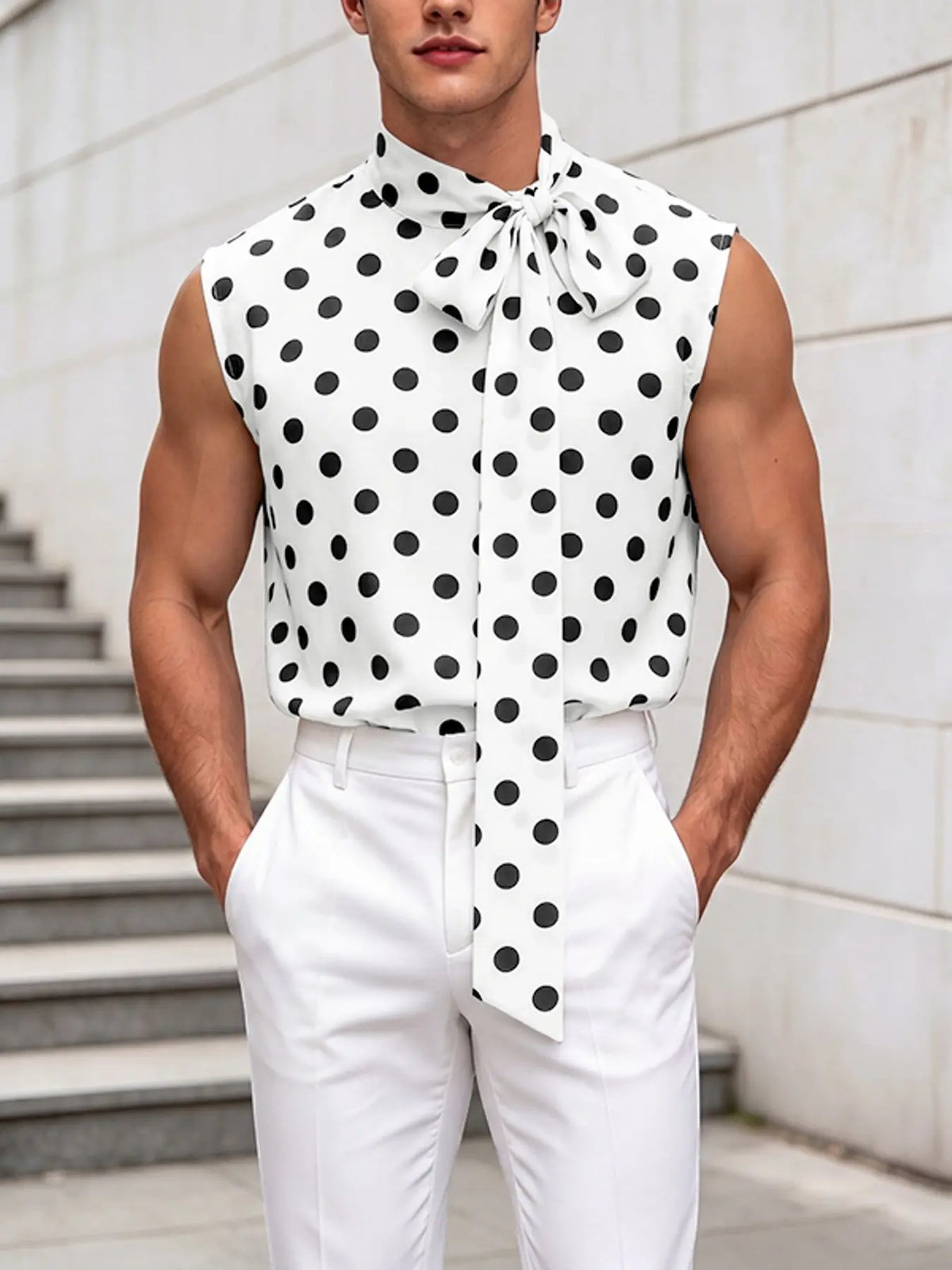 INCERUN Men's Casual Fashion Tank Top, Floral Polka Dot Ribbon Tie Backless Sleeveless Vest, Perfect for Daily Wear, Stylish and Comfortable Design