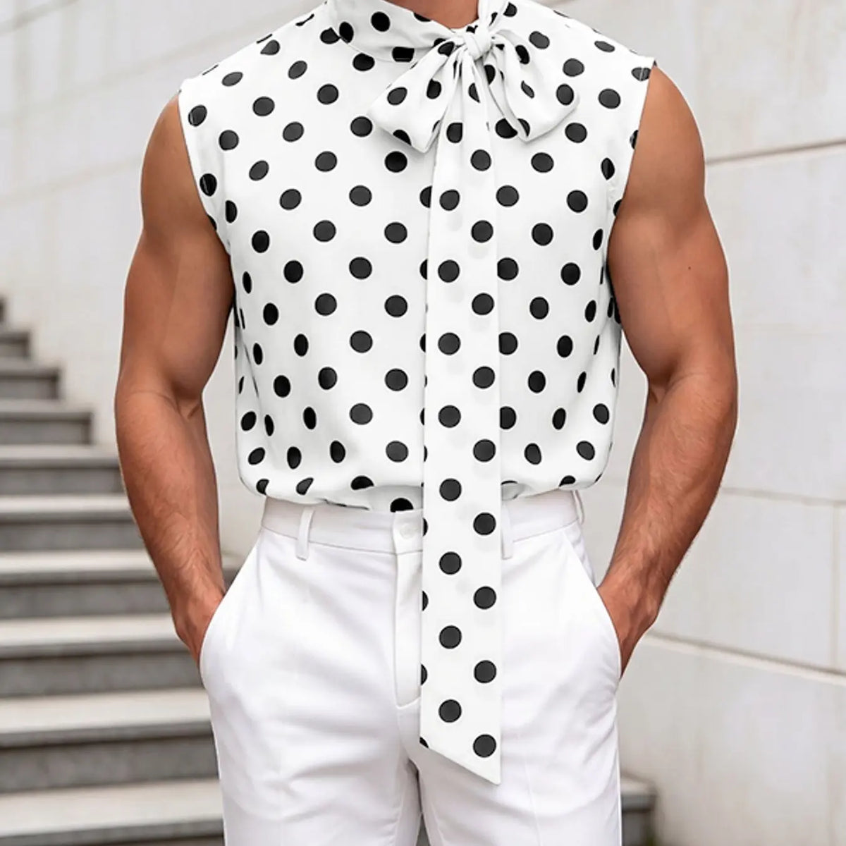 INCERUN Men's Casual Fashion Tank Top, Floral Polka Dot Ribbon Tie Backless Sleeveless Vest, Perfect for Daily Wear, Stylish and Comfortable Design