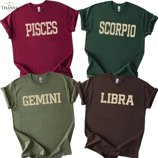 Full 12 Zodiac T-Shirt College Letter Horoscope Graphic Tee – Vintage Minimalist Text Design, Astrology Birthday Gift, Clean Aesthetic Casual Style for Men and Women, Best Friend Gift.