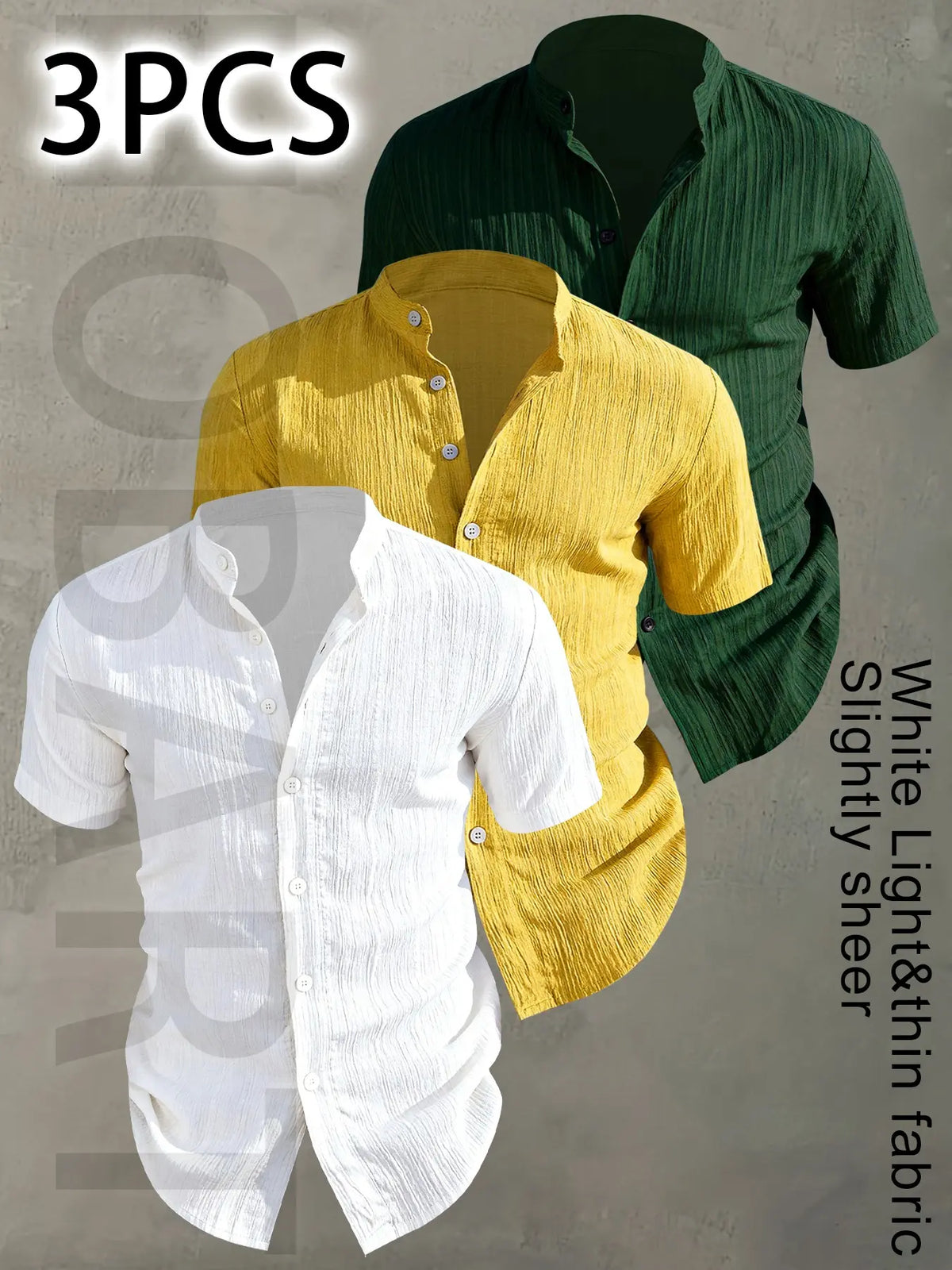 3pcs Set Men's Summer Short Sleeve - Lightweight Breathable Plain Color Button-Up Casual Shirt with Stand Collar, Low-cut collar designr Beach Vacation, Pool Party & Casual Attire, Beach Shirt, Collared Fitted Shirt, gift for husband