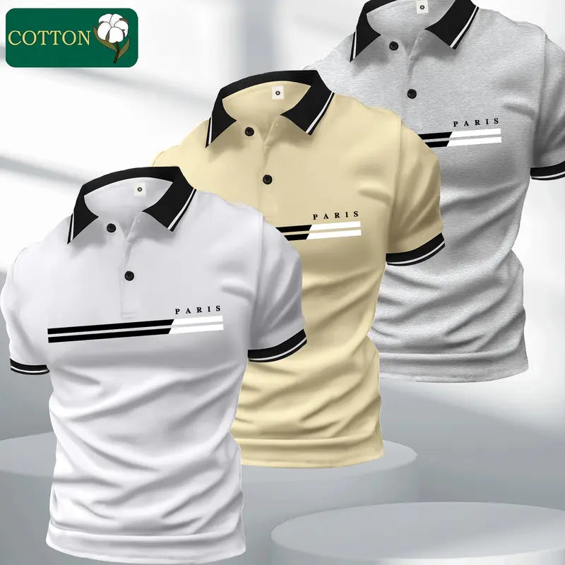 Stylish Men's Polo Shirt Set, Printed Cotton Menswear Top, Short Sleeve with Turn-Down Collar, Skin-Friendly Fabric,back to school,back to school shopping, Casual,clothes for back to school,first day of school outfits