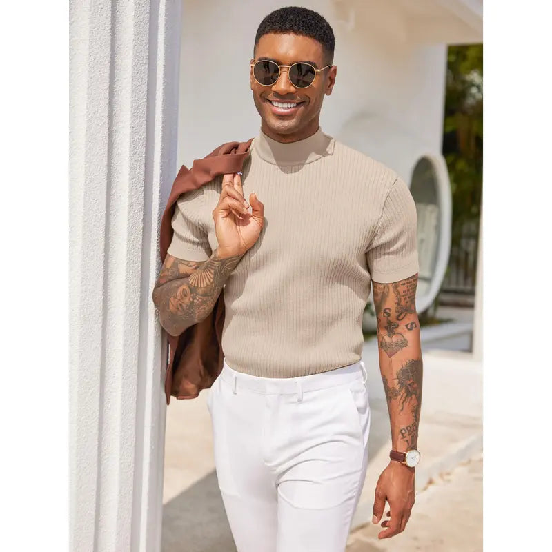 COOFANDY Men's Mock Turtleneck Sweater Short Sleeve Casual Basic Tops Ribbed Knit Pullover Solid Tee