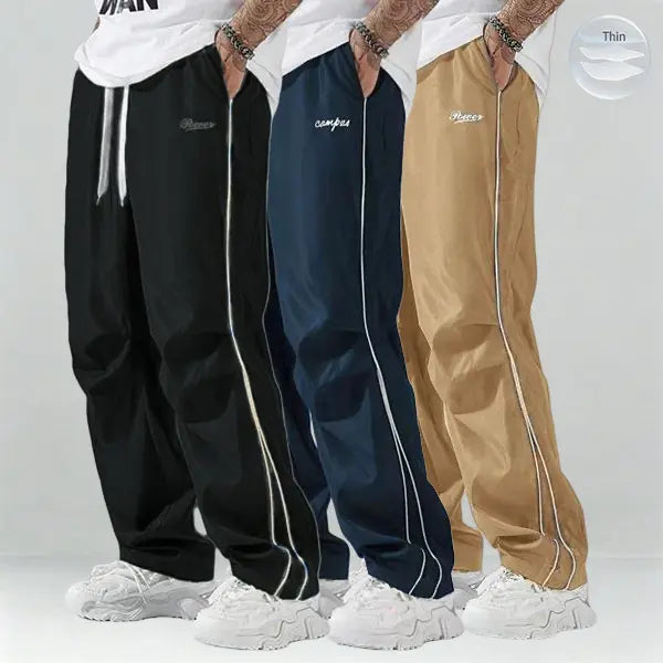Father’s Day Gift Men’s Spring/Autumn Pants Set (1–3 pieces) | Lightweight & Soft | Side Gold Stripes | Loose Straight Fit | Street Style / Fitness / Casual Vibe | Black/Gray + Multiple Colors