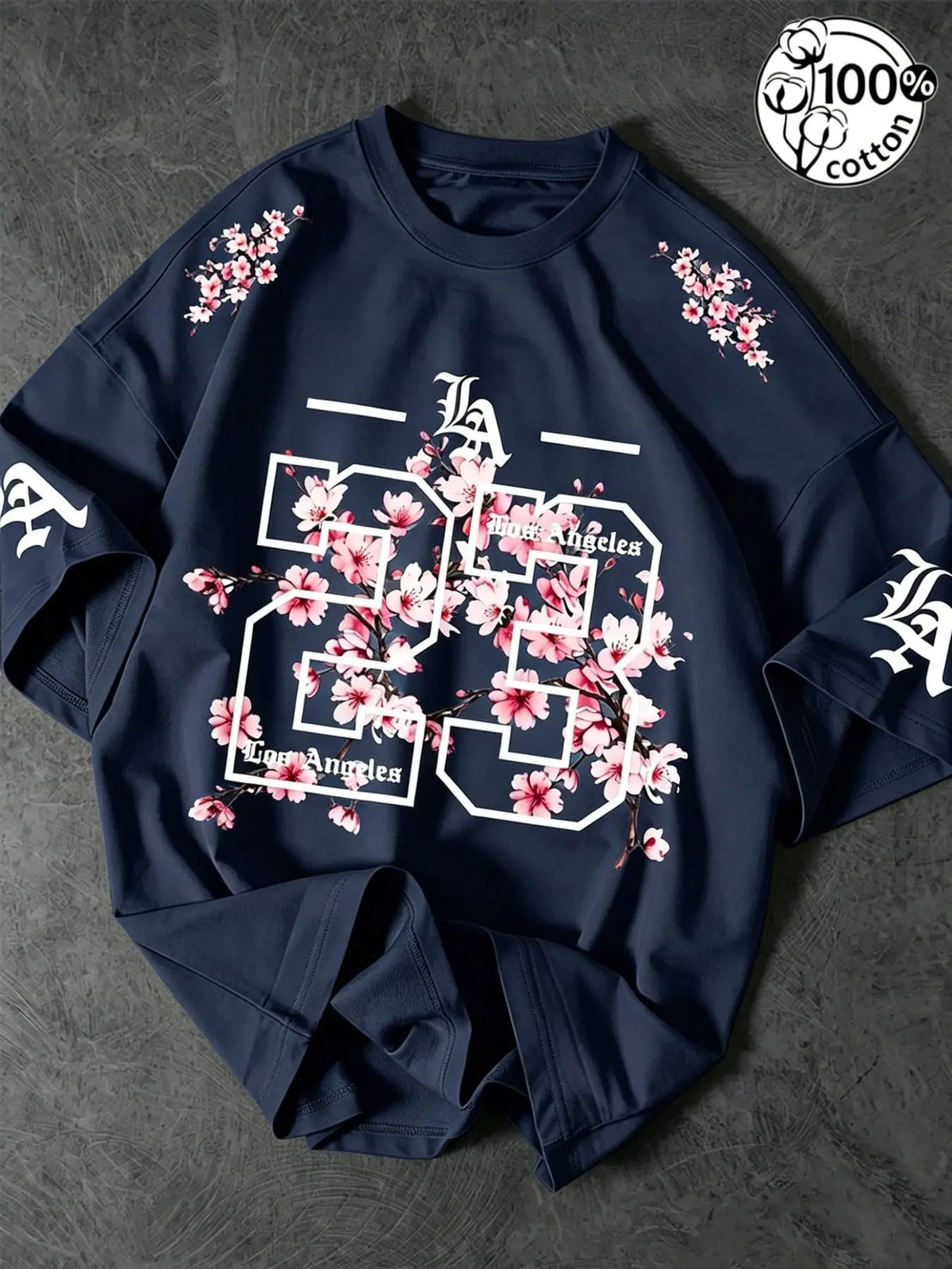 Unisex 100% Cotton Oversized Round Neck Aesthetic T-Shirt, Los Angeles 23 Gothic Cherry Blossom Print, Y2K Streetwear Top