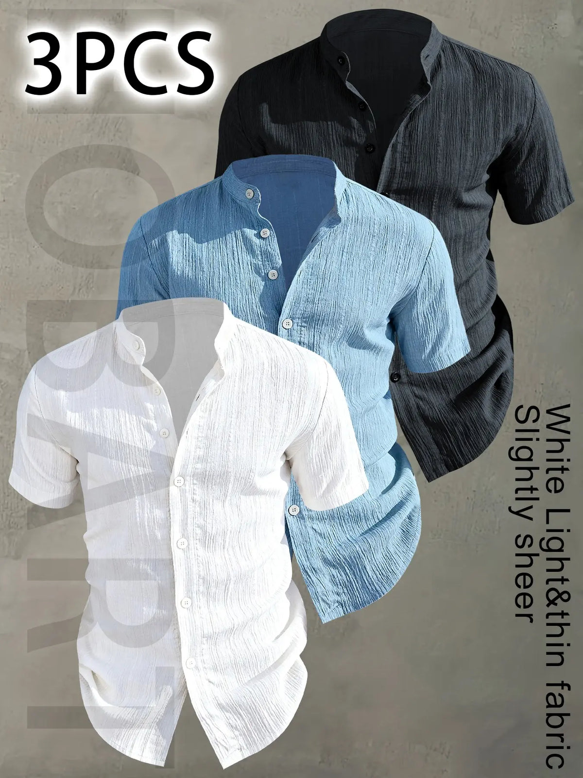 3pcs Set Men's Summer Short Sleeve - Lightweight Breathable Plain Color Button-Up Casual Shirt with Stand Collar, Low-cut collar designr Beach Vacation, Pool Party & Casual Attire, Beach Shirt, Collared Fitted Shirt, gift for husband