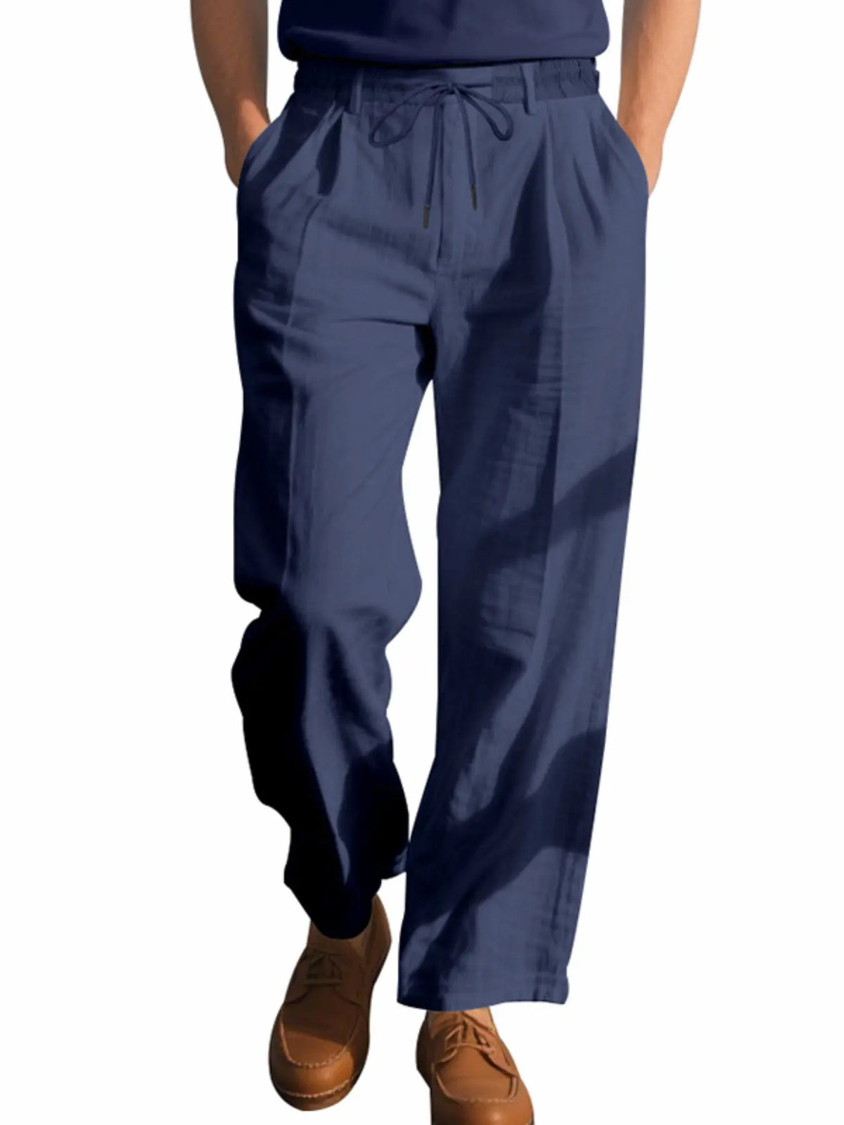 Men's Linen Pants, Fashion Trousers, Pocket Drawstring Solid Color Plain Hip Hop Beach Sports Wide Leg Long Pants, Comfortable Versatile All-Season Wear