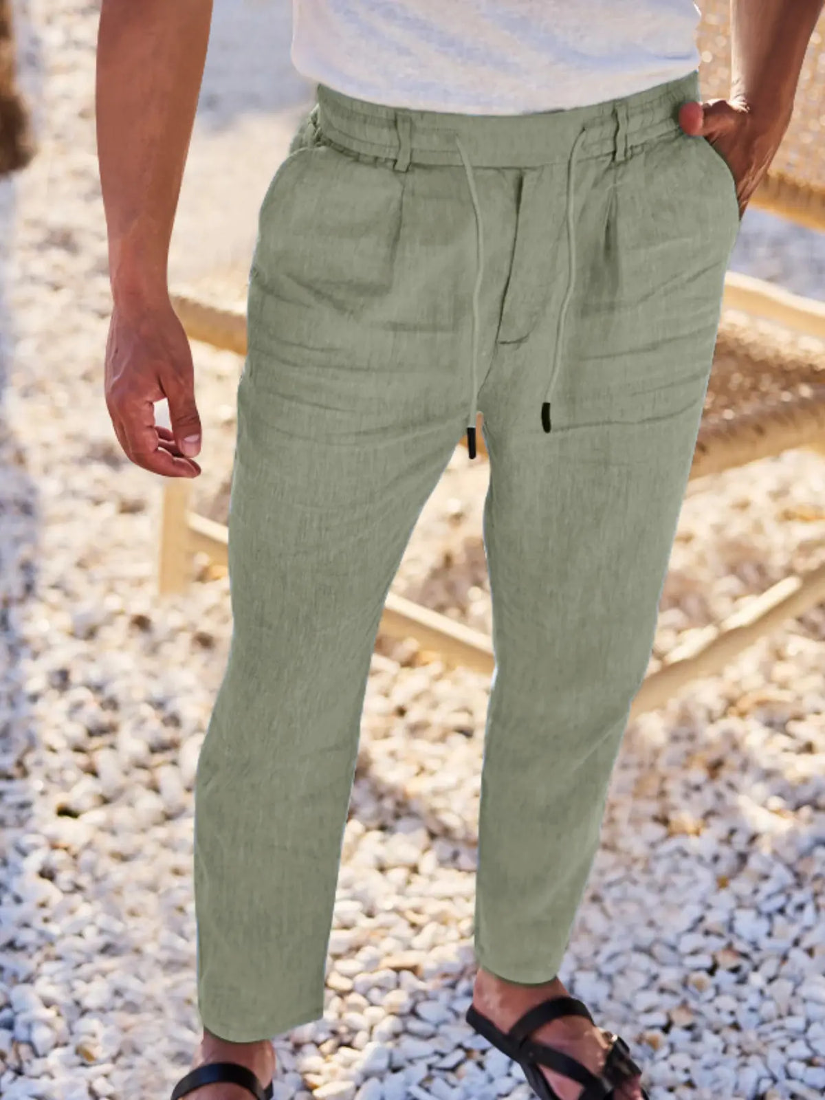 Men's Linen Pants, Fashion Trousers, Pocket Drawstring Solid Color Plain Hip Hop Beach Sports Wide Leg Long Pants, Comfortable Versatile All-Season Wear