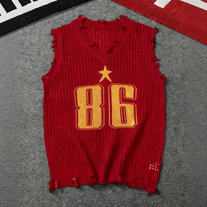 Men's Distressed 86-Hole V-Neck Retro Printed Knitted Mesh Sleeveless Vest - Loose Fitting, Medium Length, Raw Hem Edge, Layer-Ready, Breathable, Hip-Hop Edgy Athletic Casual Streetwear Top for Jeans, Baggy Pants